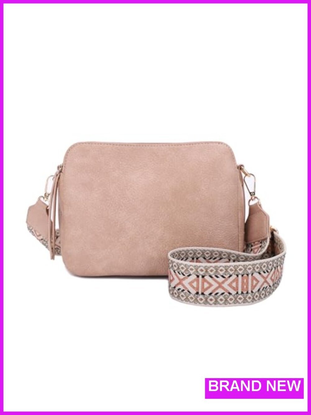 Triple Compartment Lock and Key Crossbody Purse with Guitar Strap - Faux Leather